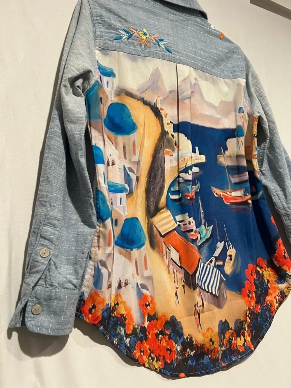 Soft Surroundings Embellished Santorini Print Shirt Cotton XSP Beaded - Picture 10 of 11